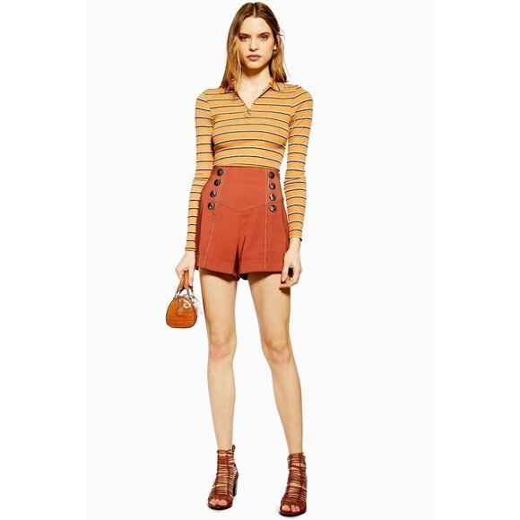 Topshop Topstiched High Rise Button Orange Shorts 6 - Picture 1 of 4